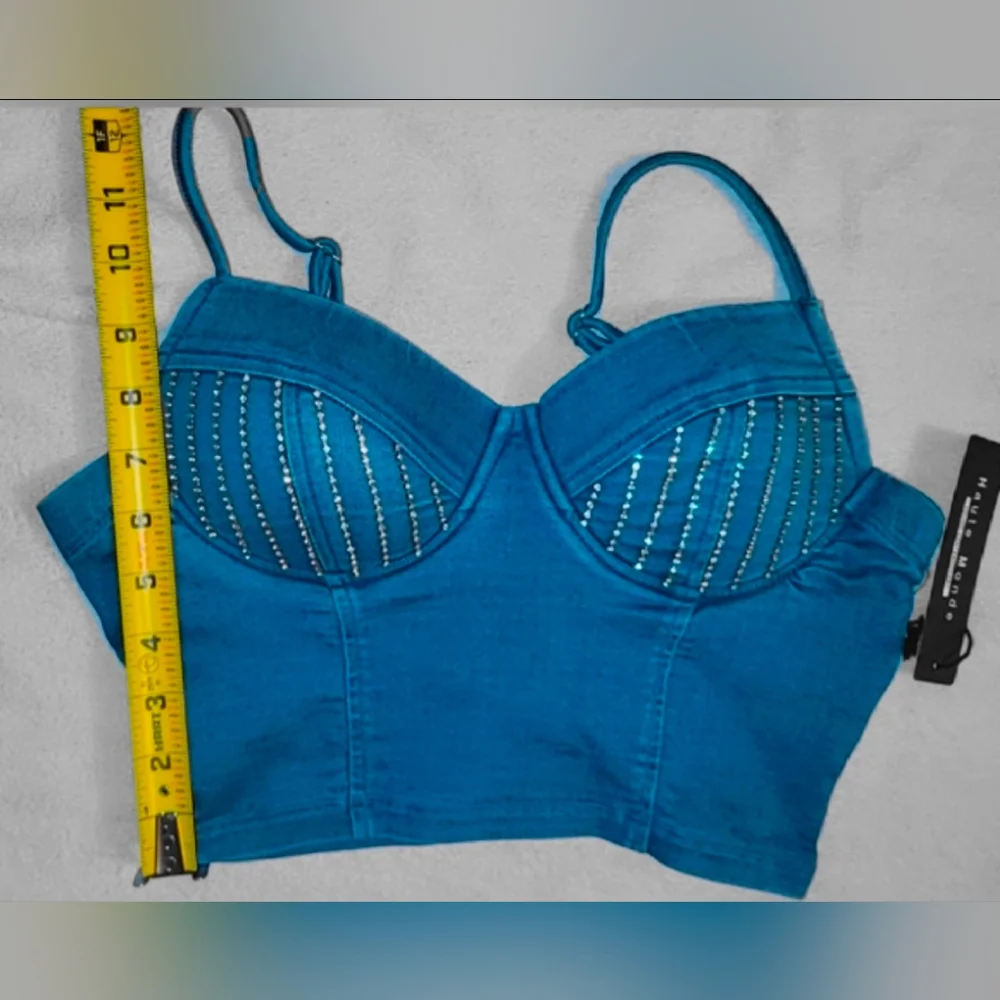Haute Monde Denim Rhinestone Crop Top - Picture 12 of 15